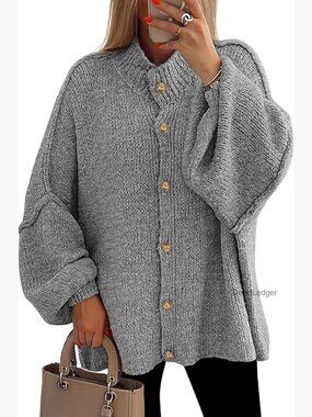 Chunky Knit Button Down Cardigan Mock Neck Lantern Sleeve Winter Sweater